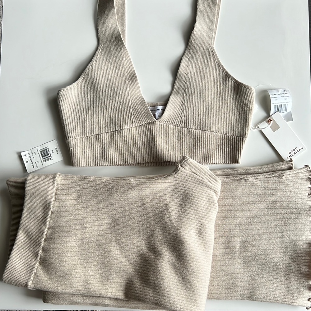 Set Good American Lettuce Edge BabyFlare Pants,darted bust sweater bralette L XL
